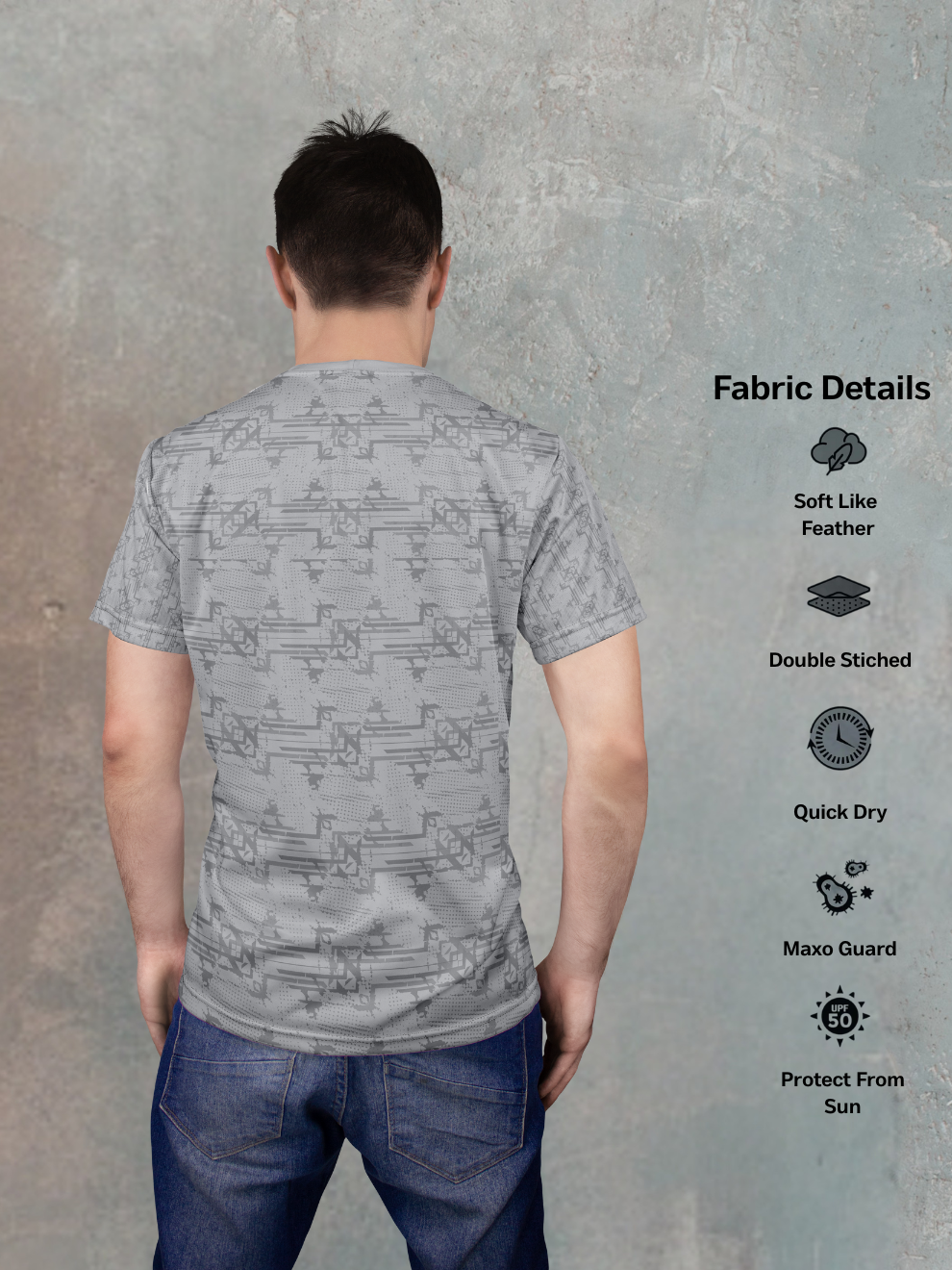 Stone Grey Geometric Wave Pattern Sports T-shirt for men