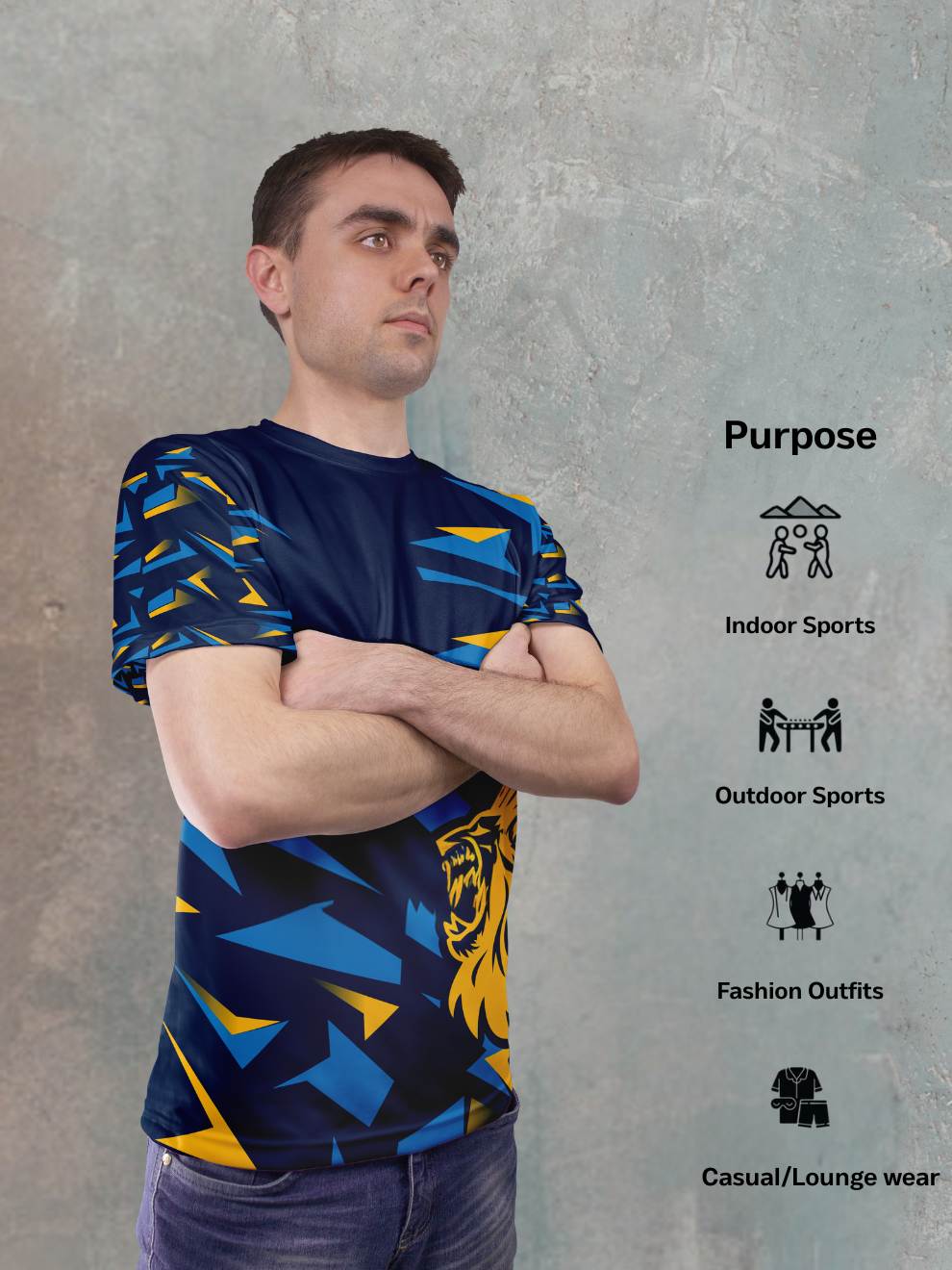 Dark Navy Blue Lion Strike Pattern Sports T-shirt for men