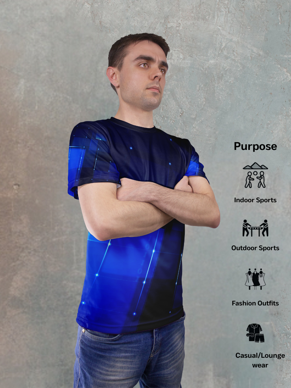 Neon Blue Circuit Wave Pattern Sports T-shirt for men