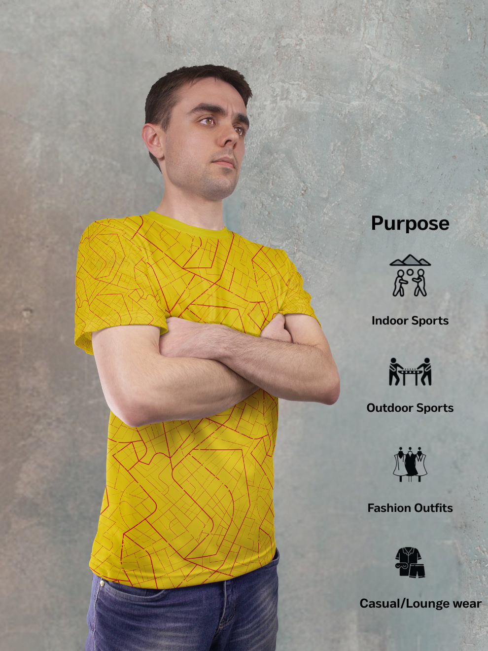 Bright Yellow Street Mesh Pattern Sports T-shirt for men