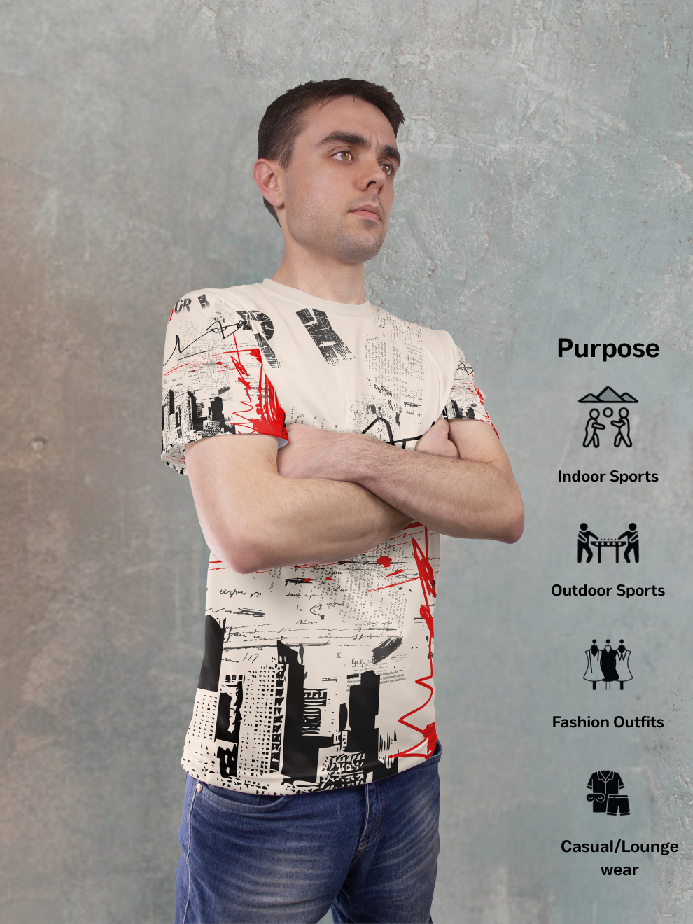 Clay White Metro Scribble Pattern Sports T-shirt for men