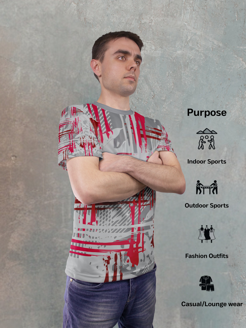 Light Gray with Red Urban Splash Pattern Sports T-shirt for men