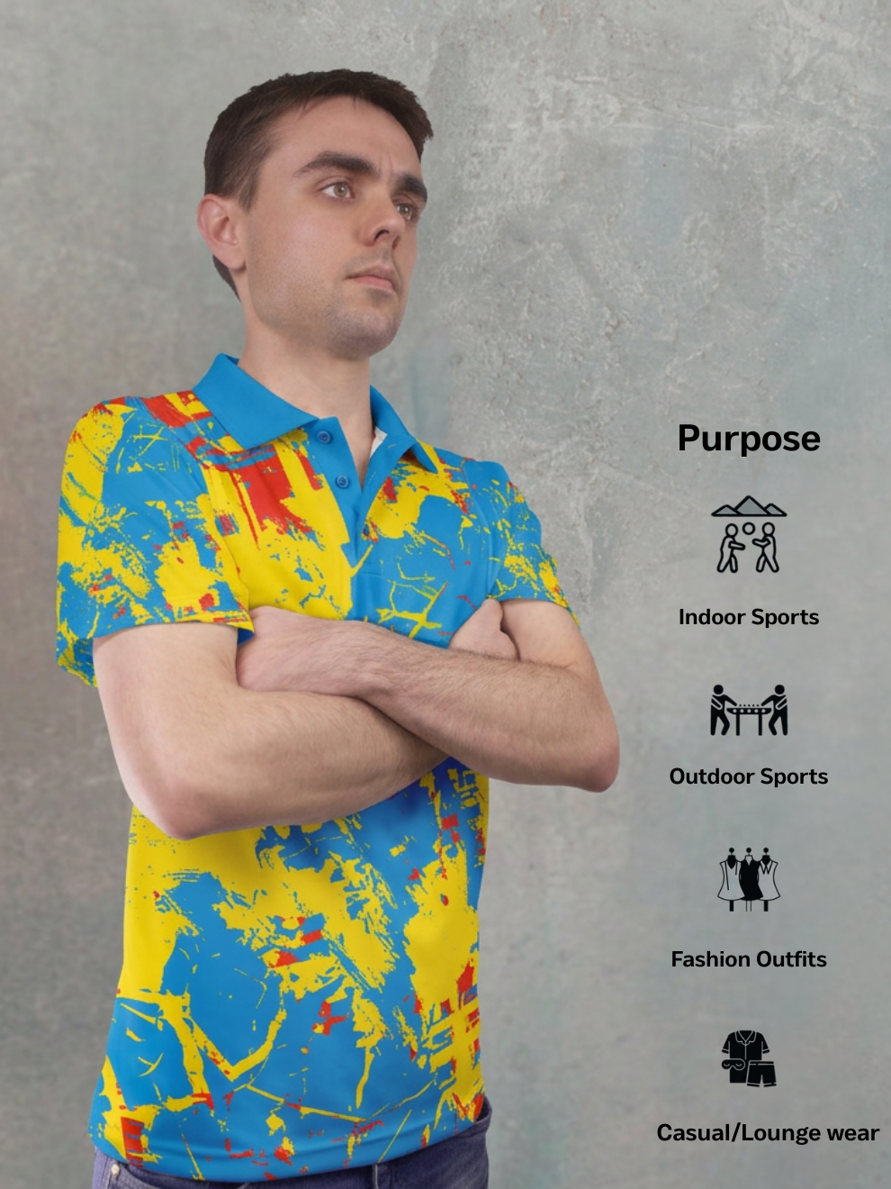 Collar Neck Bright Blue Color Burst  Pattern Sports T-shirt for men