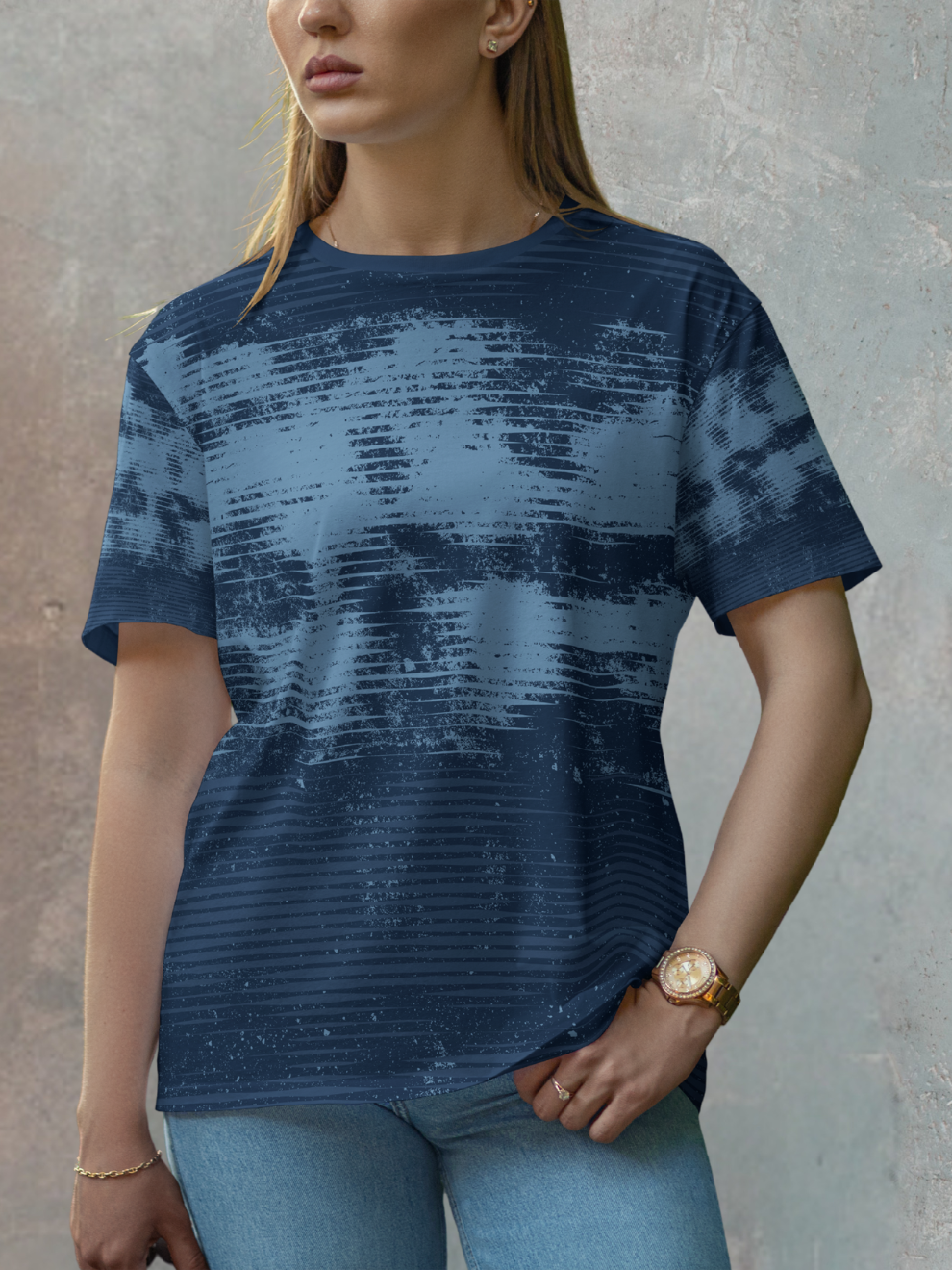 Dark Navy Blue Digital Streak Pattern Sports T-shirt for women