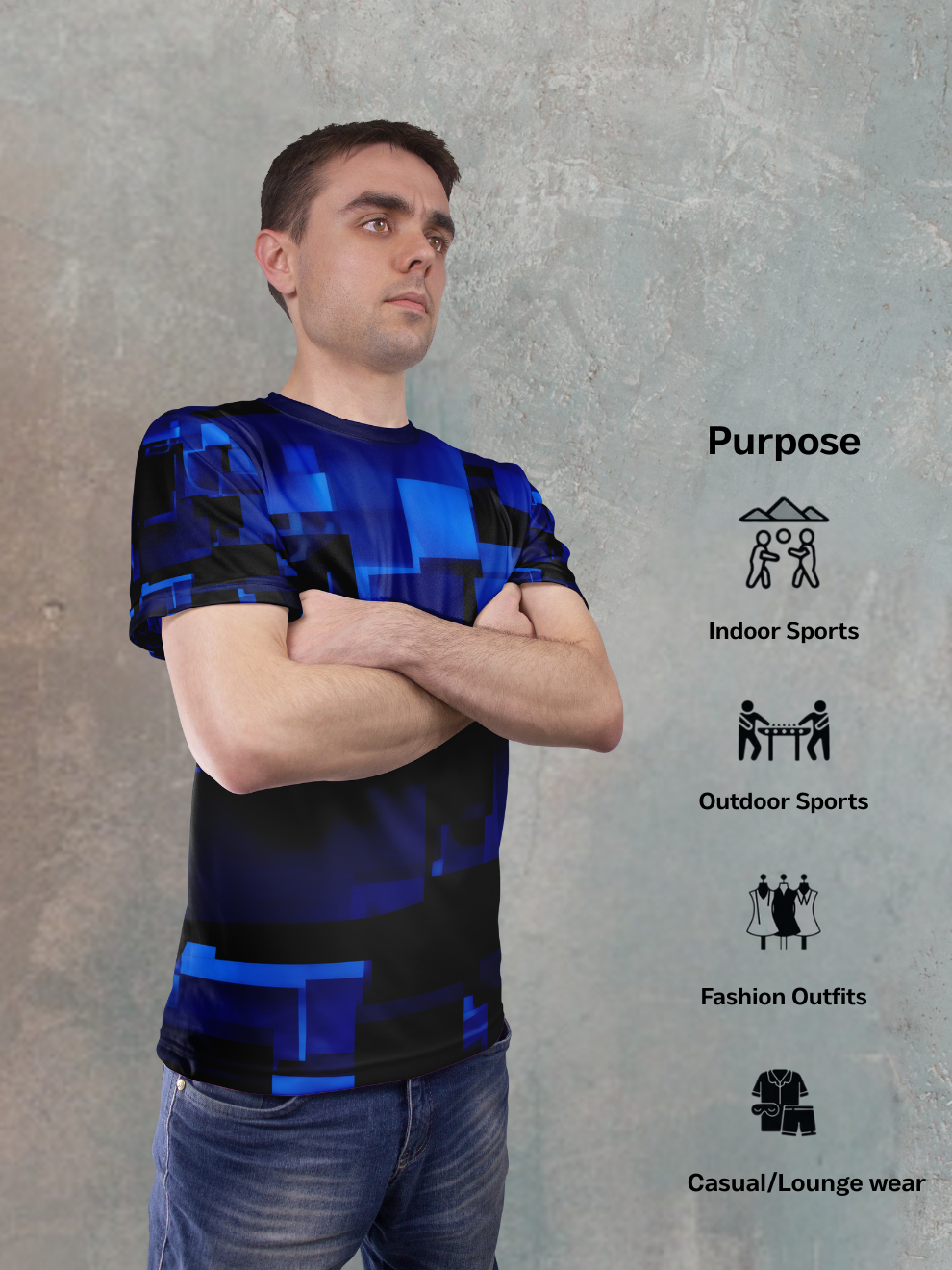 Midnight Shadow Blue Block Shift Pattern Sports T-shirt for men