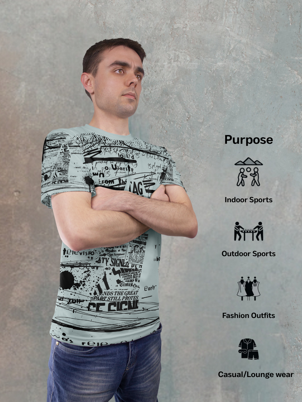 Ash Grey Text Rush Pattern Sports T-shirt for men