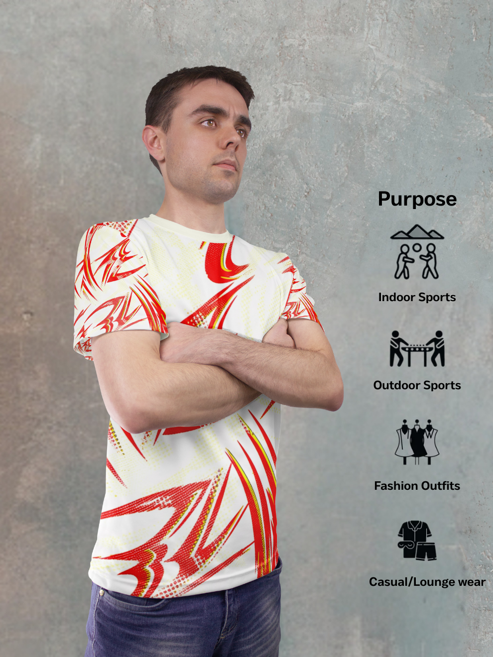 Bright White & Crimson Red Flash Pattern Sports T-shirt for men