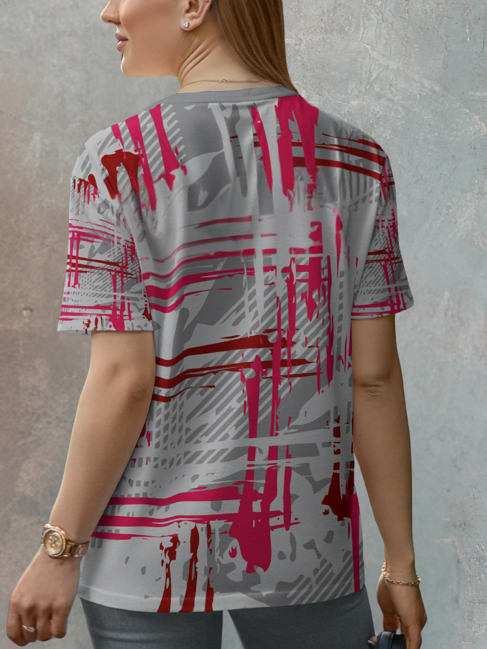 Light Gray with Red Urban Splash Pattern Sports T-shirt for women