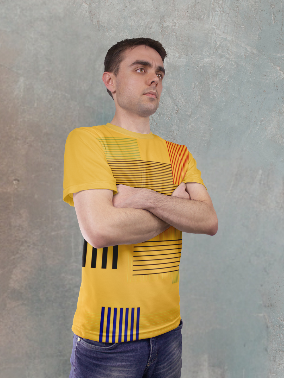 Mustard Yellow Strike Grid Pattern Sports T-shirt for men