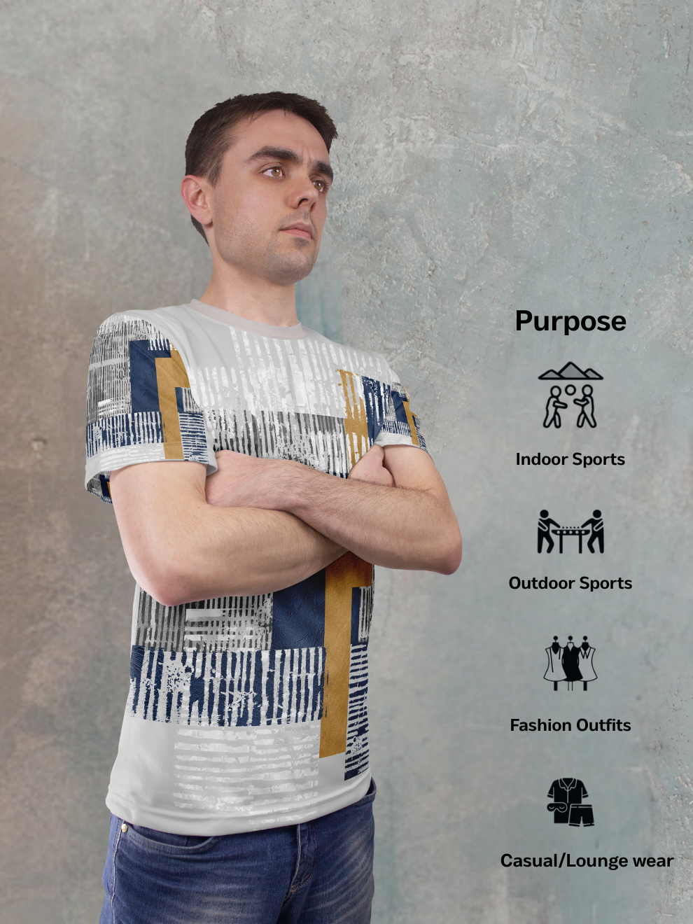 Ivory White Geometric Abstract Pattern Sports T-shirt for men