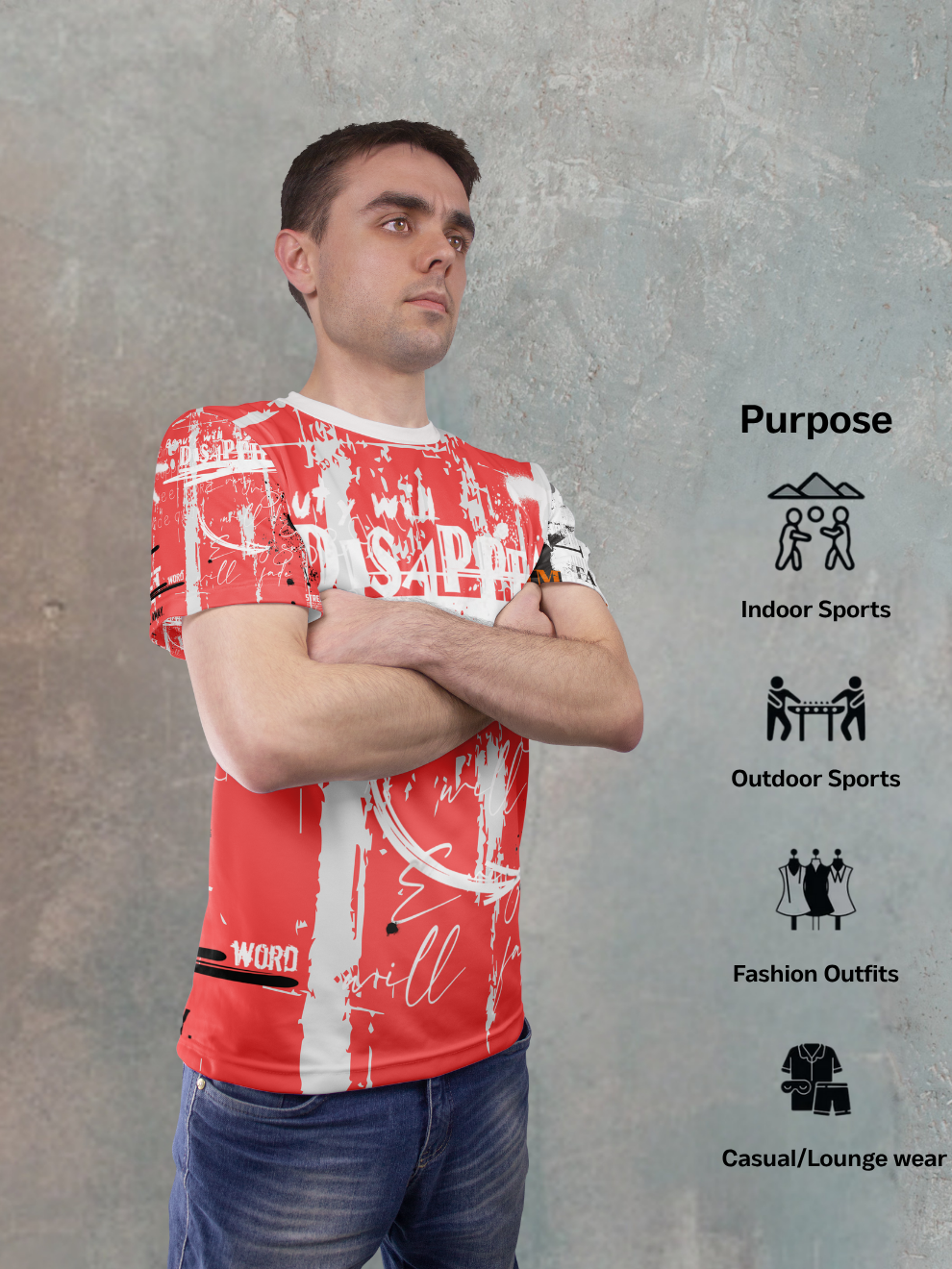 Crimson Red Abstract Graphic Text Pattern Sports T-shirt for men