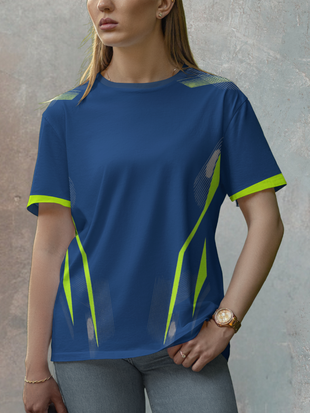 Neon Navy Blue Strike Edge Pattern Sports T-shirt for women