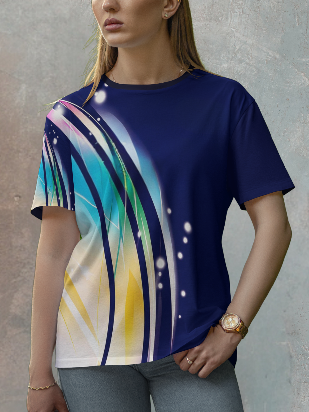 Cosmic Navy Blue Motion Abstract Pattern Sports T-shirt for women