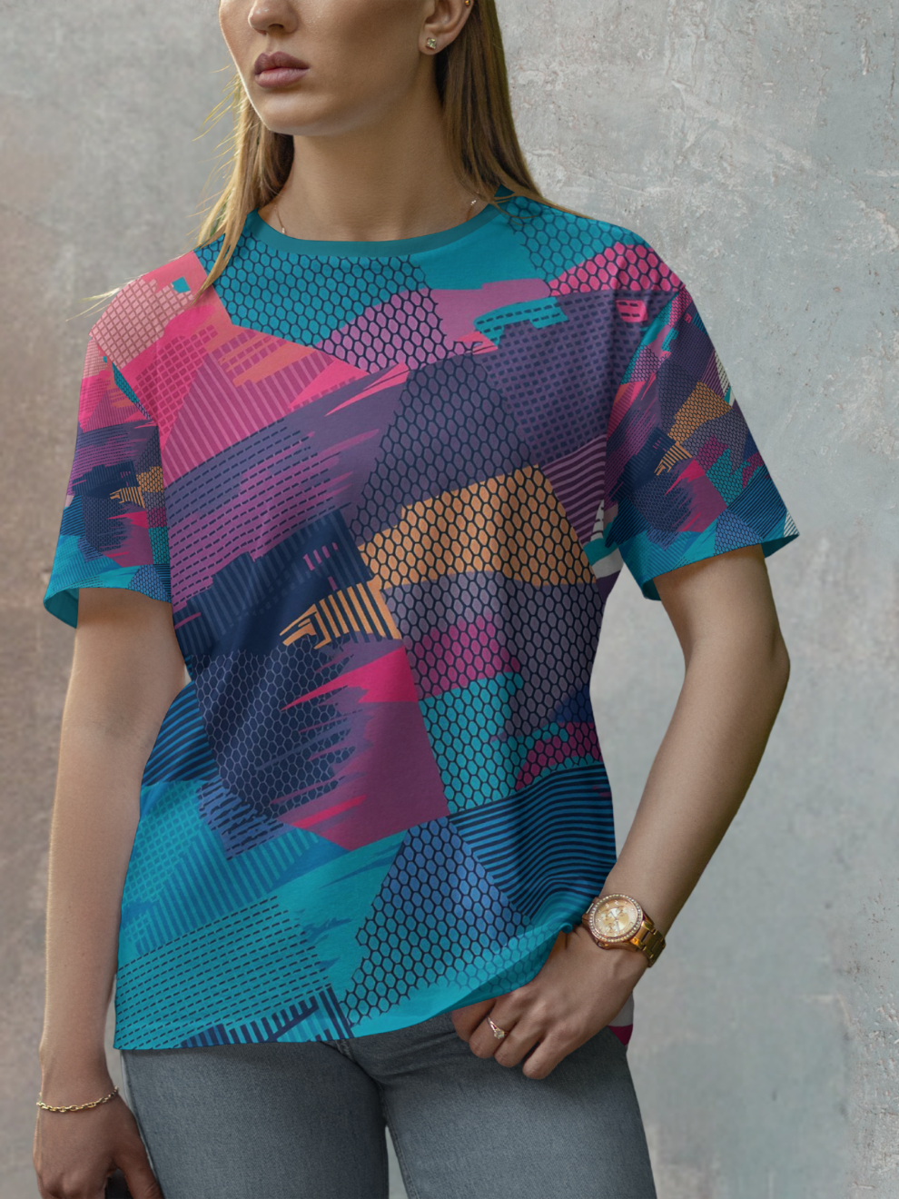 Multi Teal Color Block Fusion Pattern Sports T-shirt for women