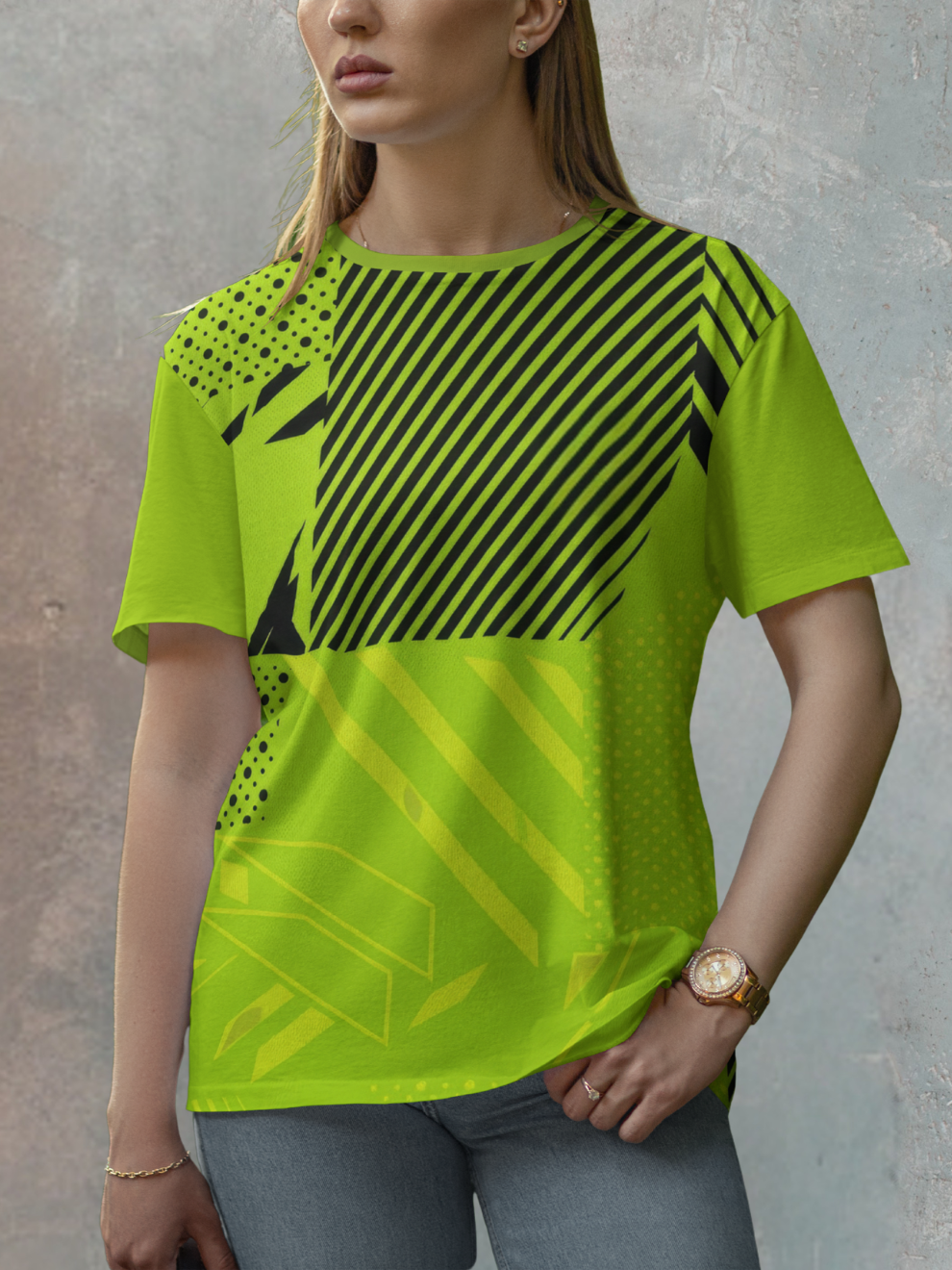 Neon Green Geometric Block Pattern Sports T-shirt for women