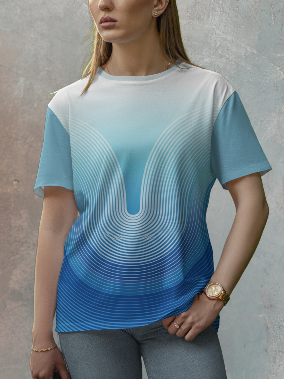 Deep Sky Blue Ocean Curve Pattern Sports T-shirt for women