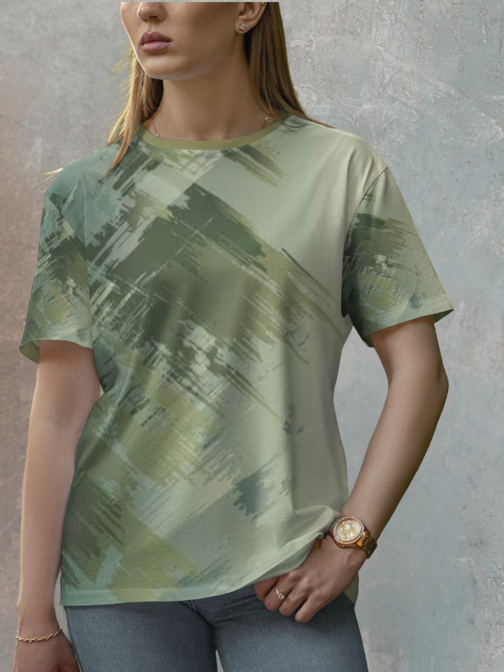 Olive Green Brush Camo Pattern Sports T-shirt for women