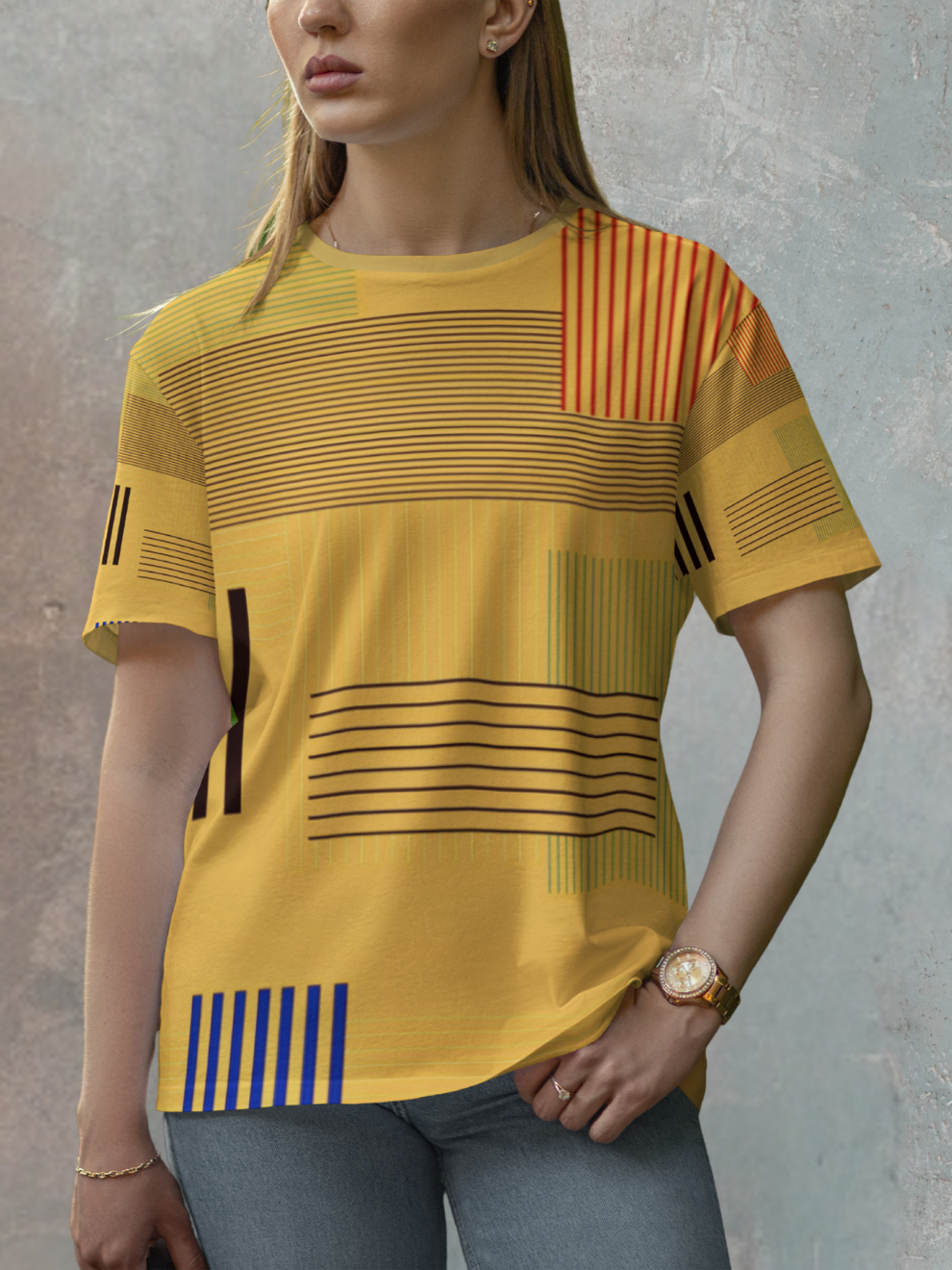 Mustard Yellow Strike Grid Pattern Sports T-shirt for women