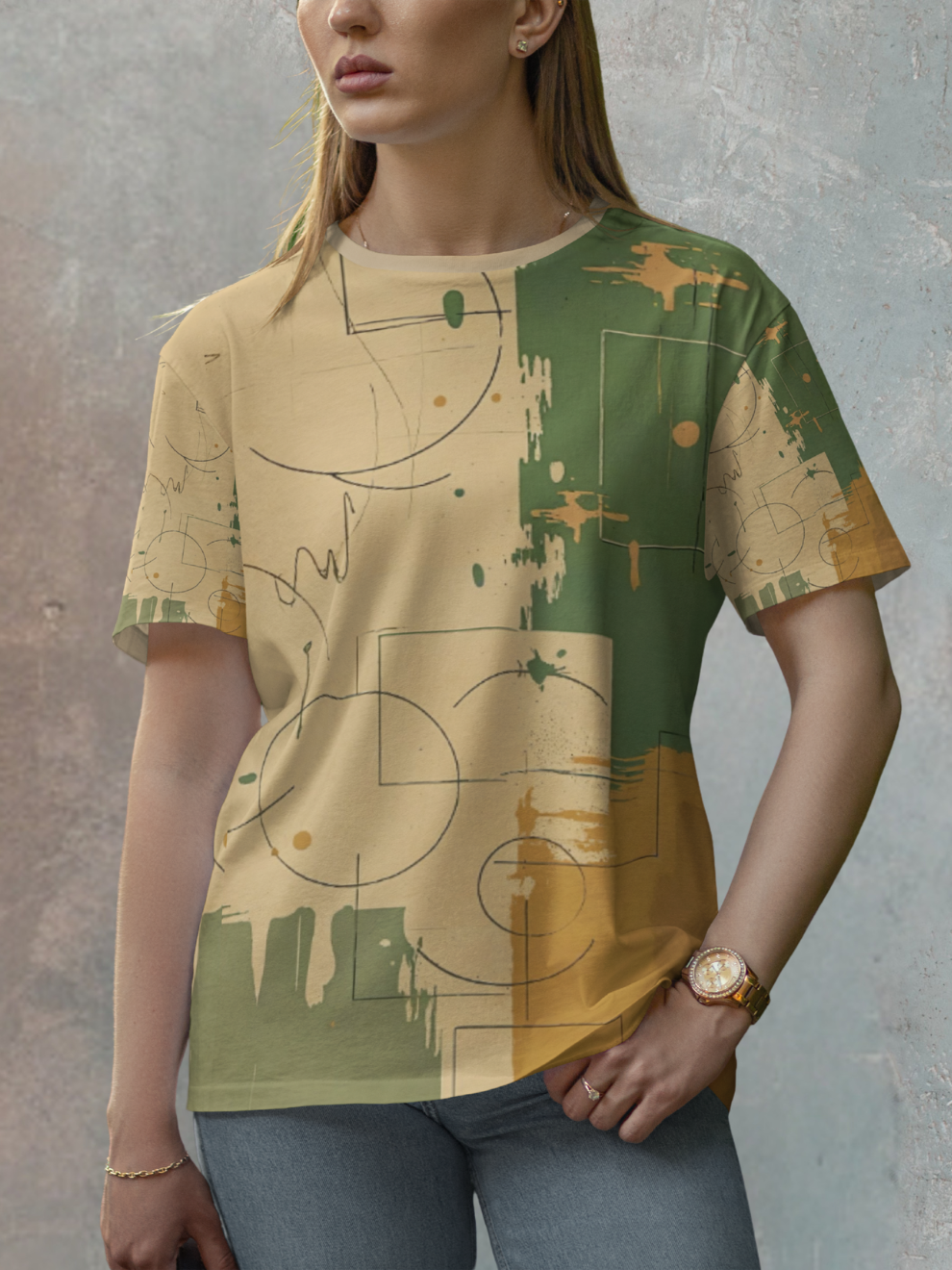 Olive Grunge Tera Sketch Pattern Sports T-shirt for women
