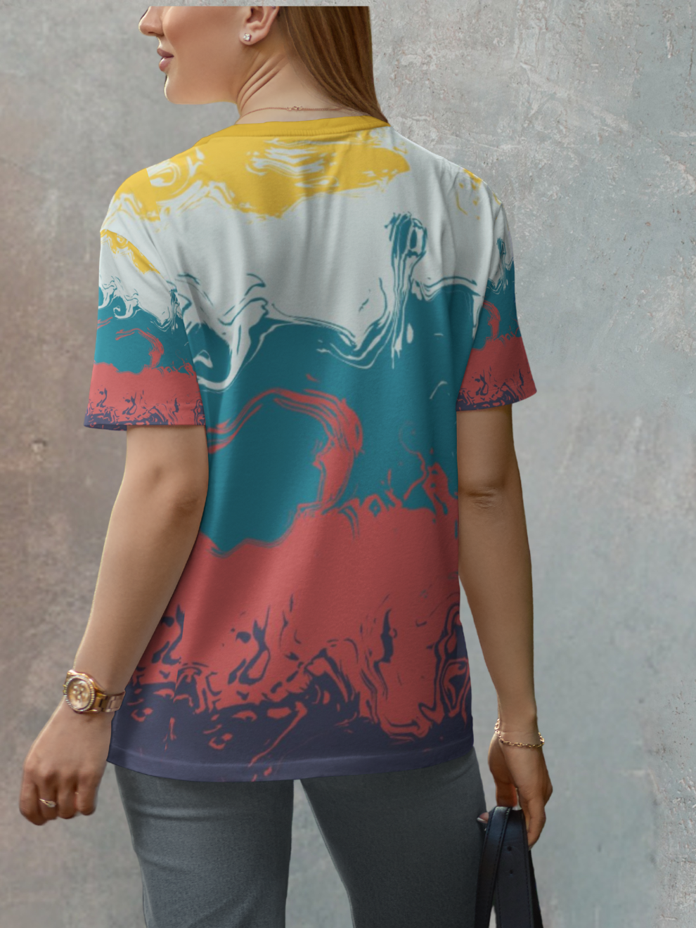 Teal Multicolor Liquid Wave Pattern Sports T-shirt for women