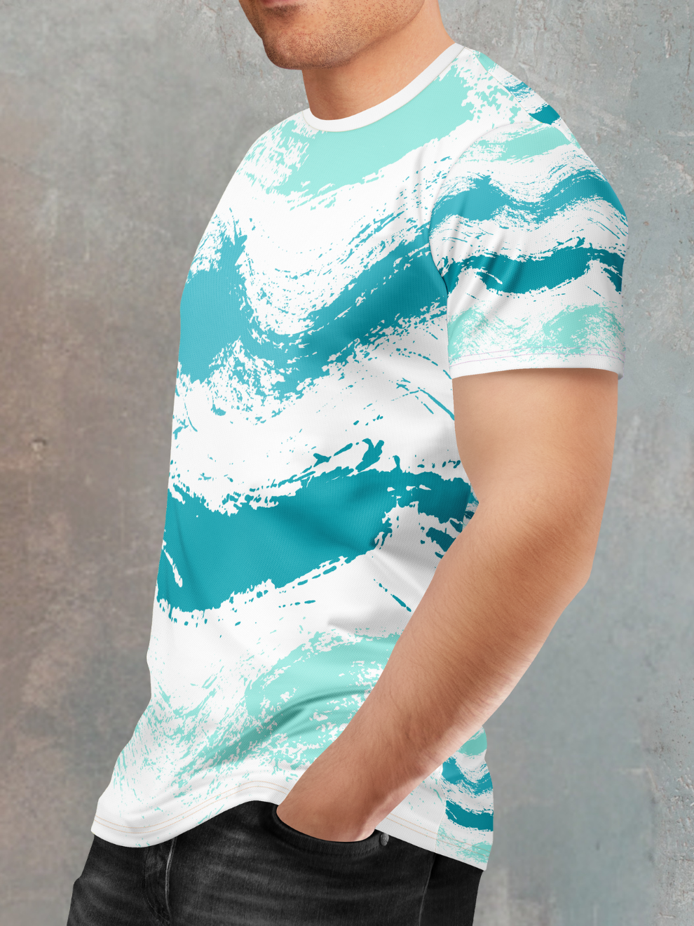 Aqua White Wave Strike Pattern Slim Fit Sports T-shirt for men