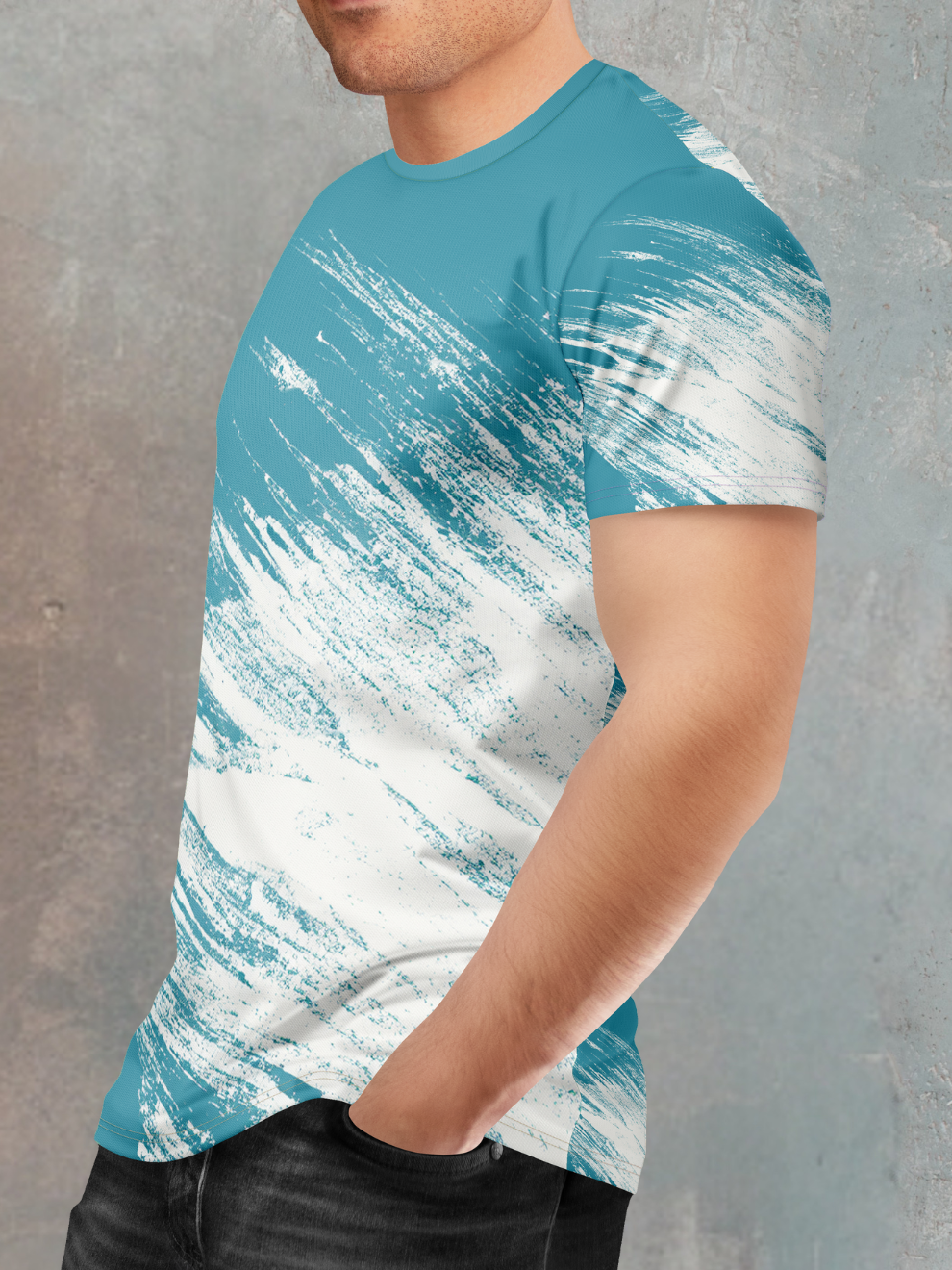 Teal Blue Wave Core Pattern Slim Fit Sports T-shirt for men
