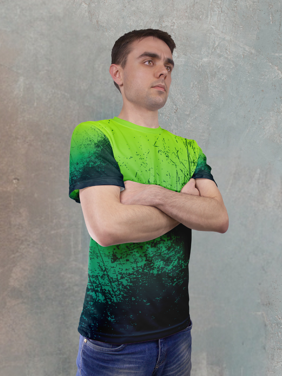 Forest Green Splatter Texture Pattern Slim Fit Sports T-shirt for men