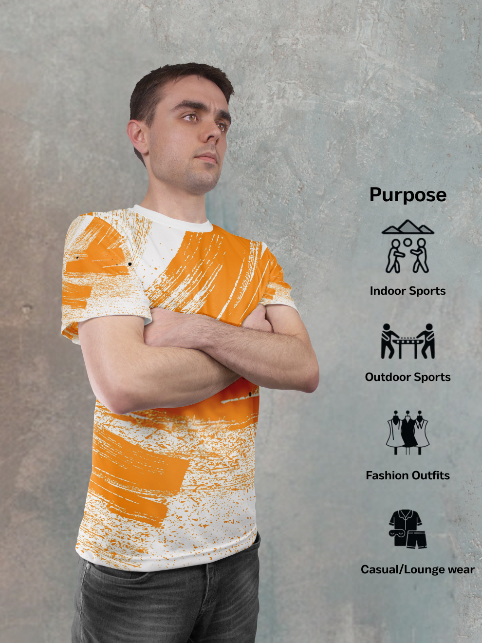 Bold Orange Brush Wave Pattern Slim Fit Sports T-shirt for men