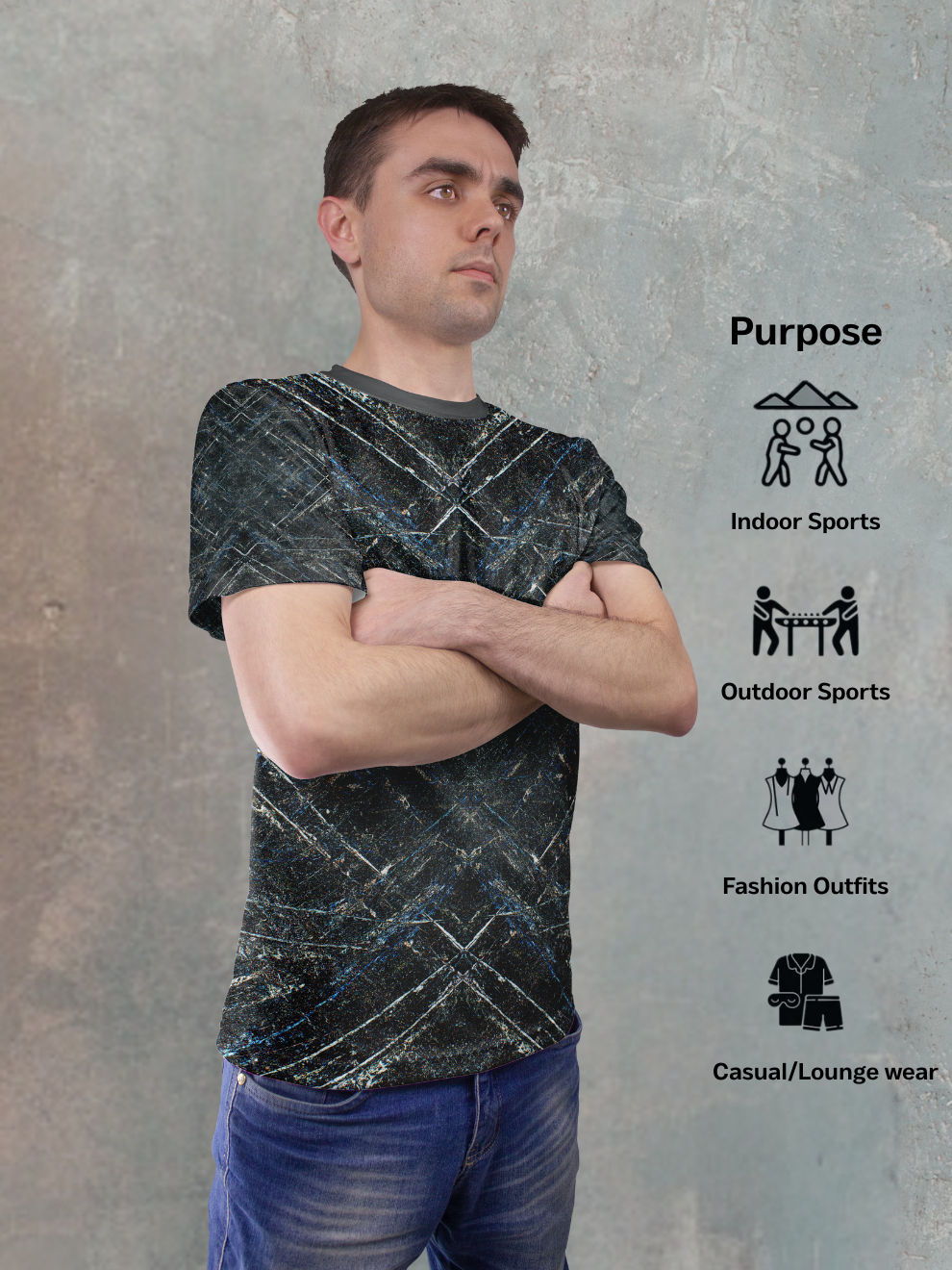 Grid Black Strike Chevron Pattern Slim Fit Sports T-shirt for men