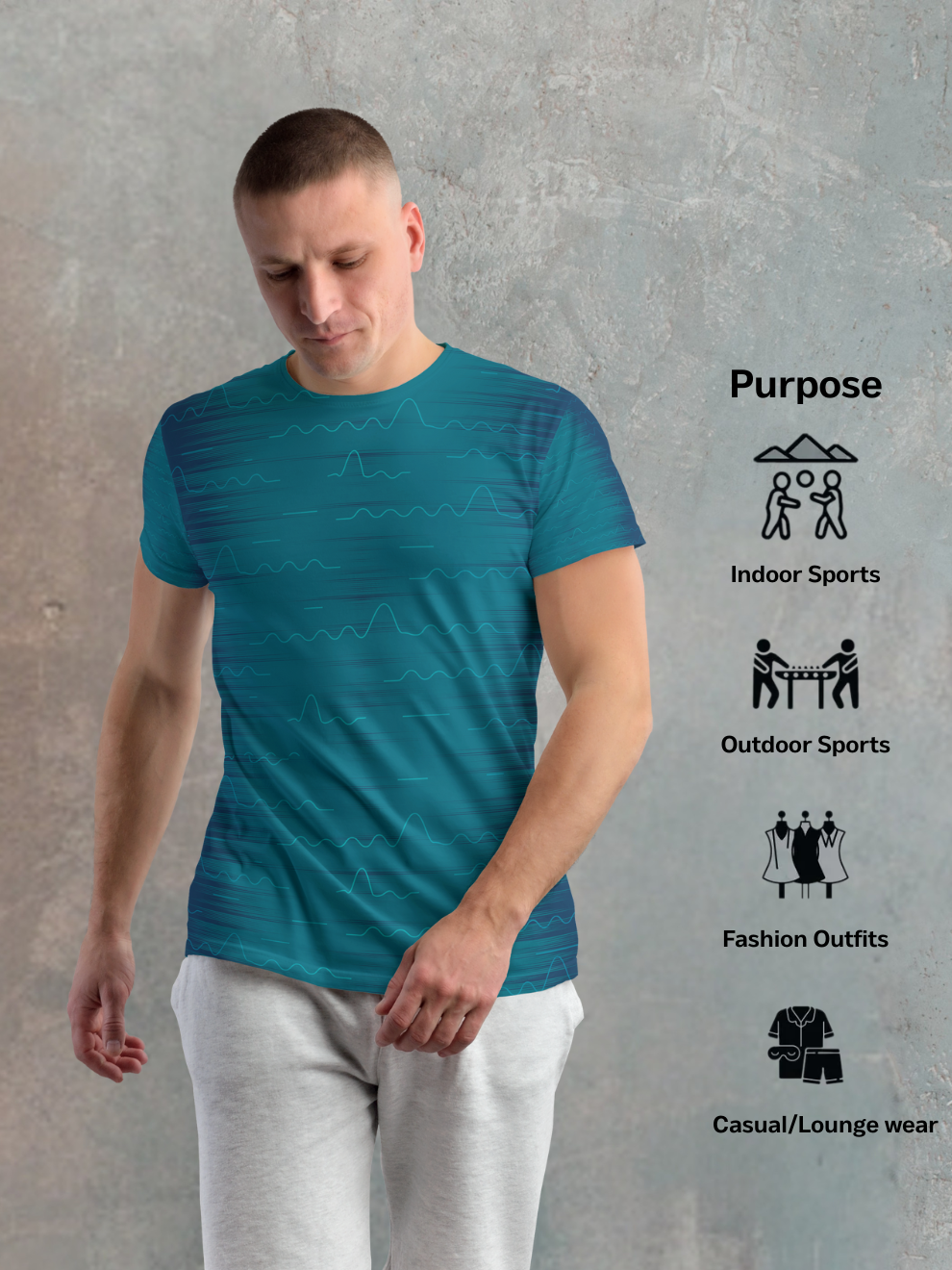 Electric Blue Waveform Graphics Pattern Sports T-shirt for men