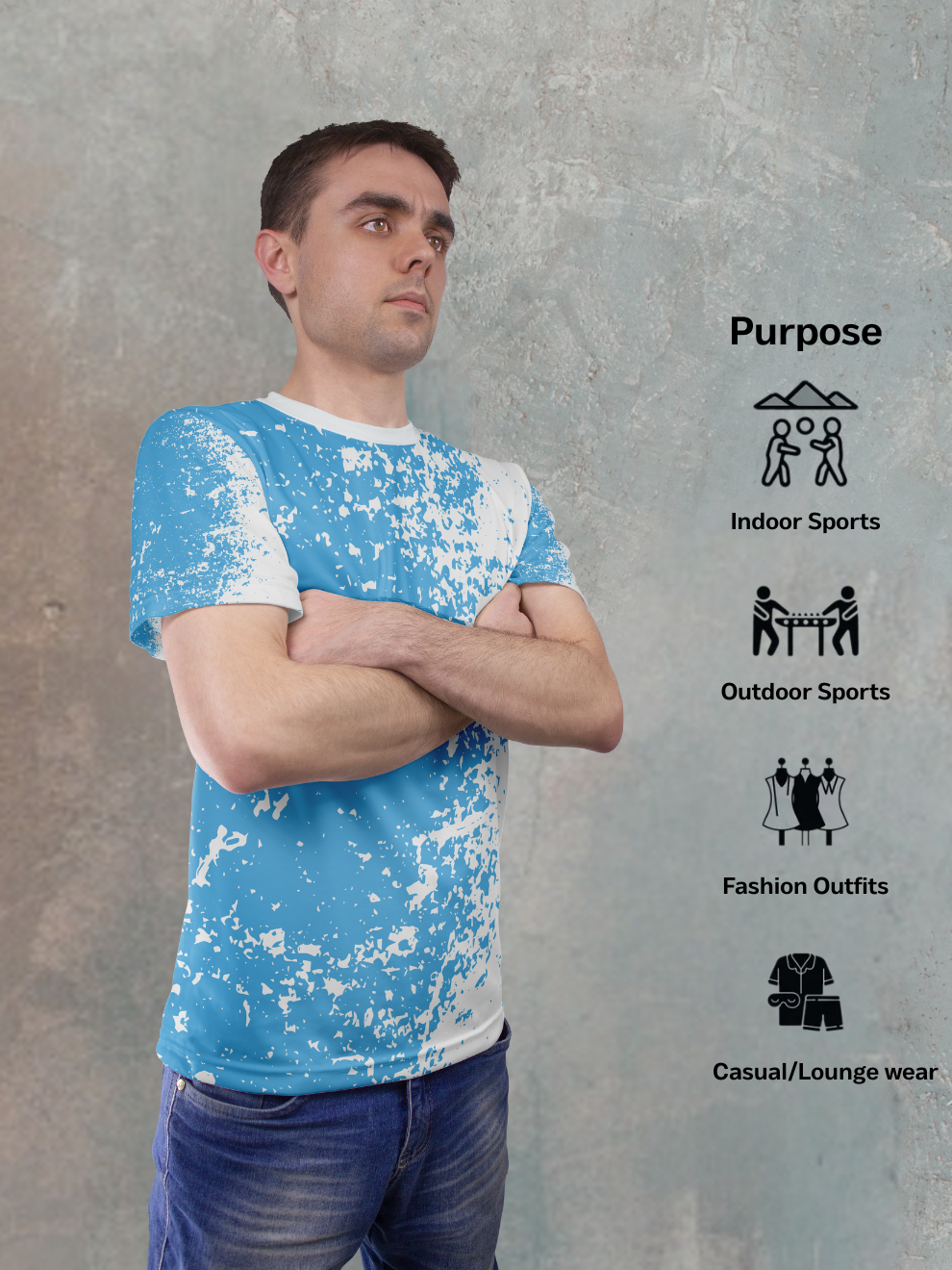 Blue White Splash Core Pattern Slim Fit Sports T-shirt for men