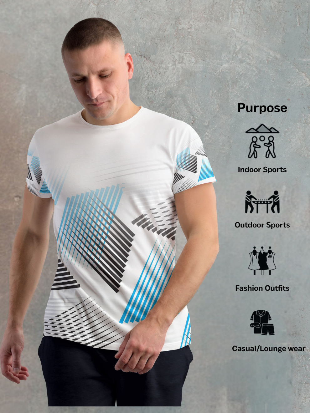 Pixel White Geometric Strip Pattern Sports T-shirt for men