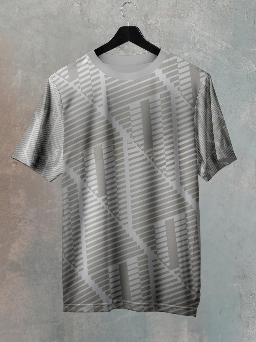 Steel Gray Geometric Grid Pattern Slim Fit Sports T-shirt for men