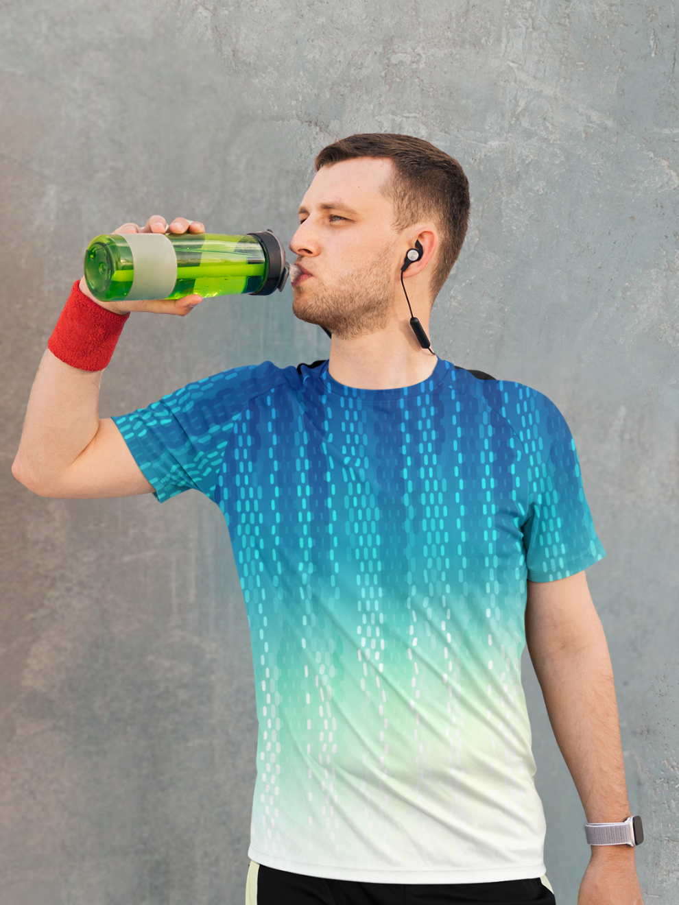 Aqua Blue Wave Pattern Slim Fit Printed T-shirt for men