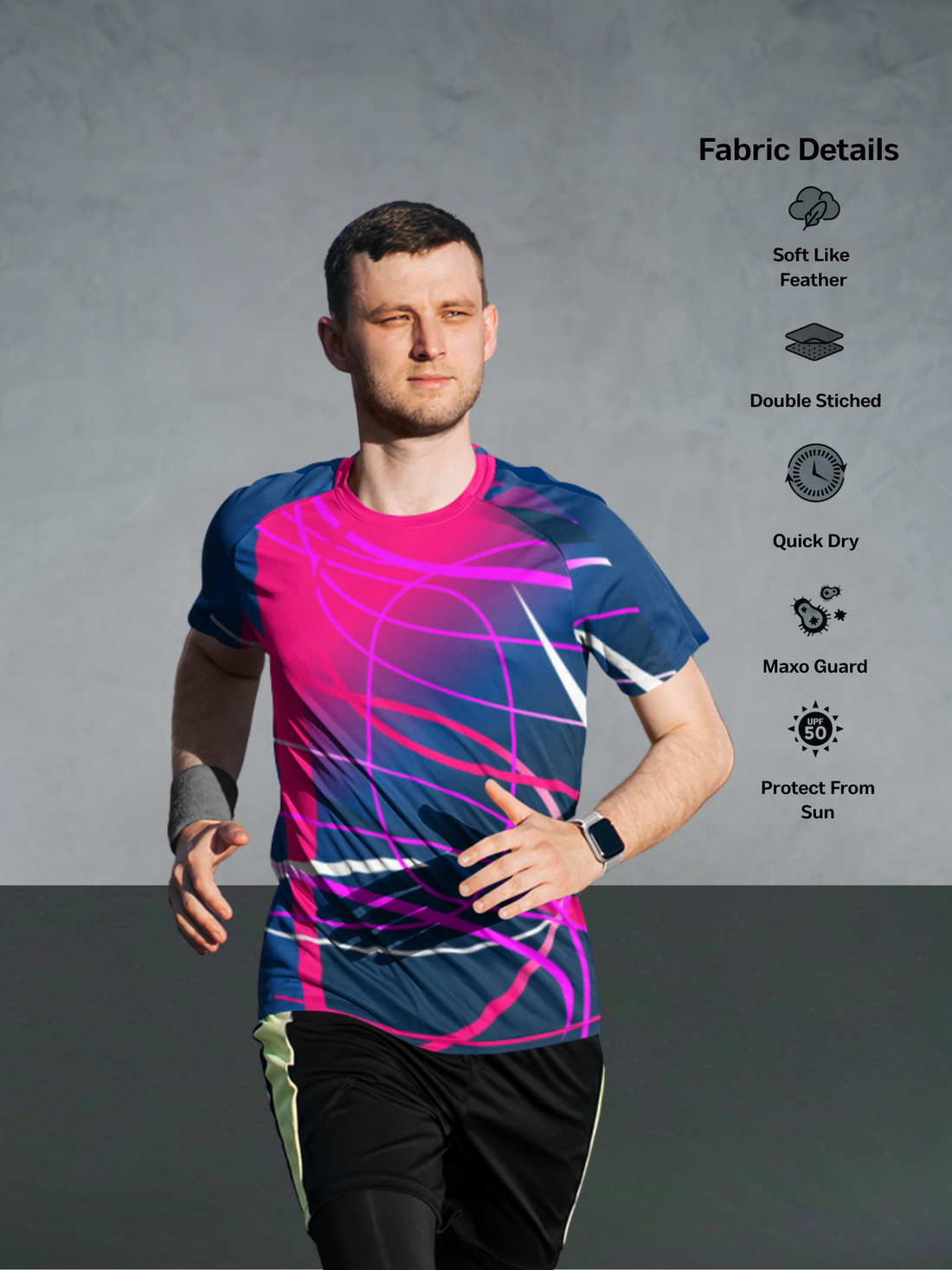 Fusion Blue Pink Flex Split Pattern Slim Fit Sports T-shirt for men