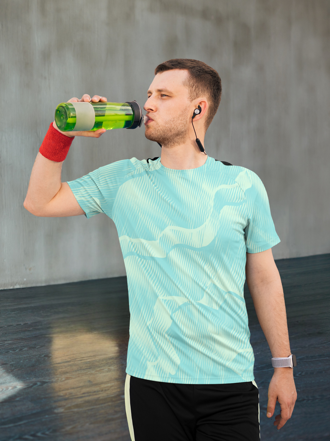 Mint Green Wavy Abstract Pattern Print Slim Fit T-shirt for men